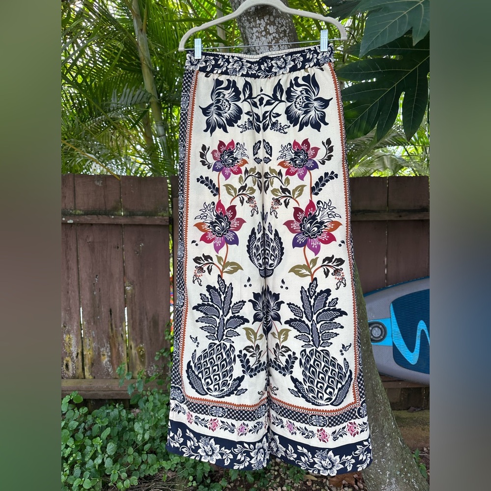 Bohemian Wide Leg Floral Print Pants - Cream & Navy